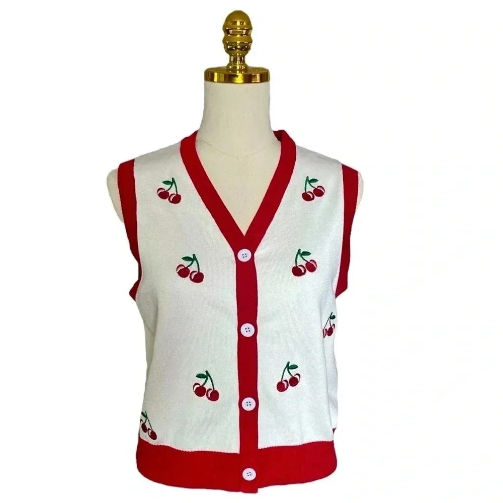 BELLE POQUE Women's White Cherry Coded Embroidered Crop Knit Sweater Vest Size M